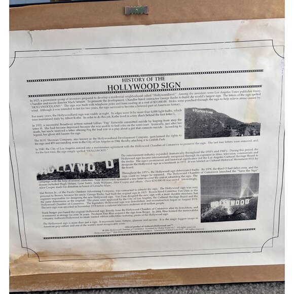 Authentic Hollywood Sign Piece Plaque With Certificate Of Authenticity In Black - Picture 8 of 12